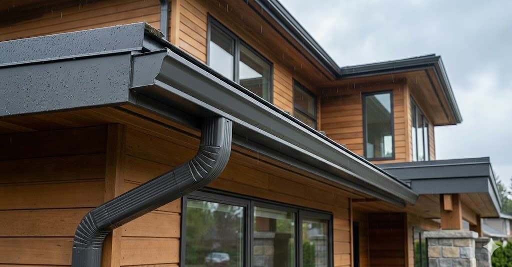 Eavestrough and downspout on a modern home in light rain