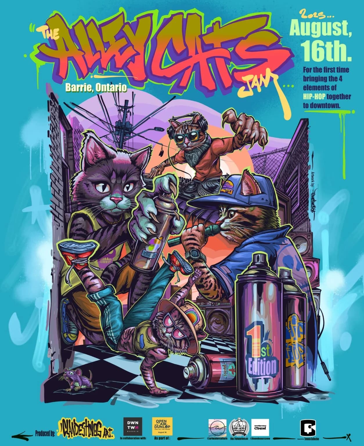 Illustrated Alley Cats Jam event flyer for August 16, 2025 in Barrie, Ontario, with producer and partner credits