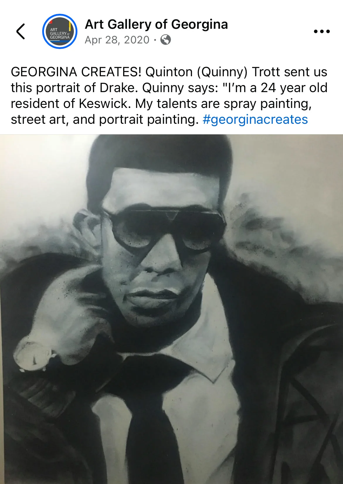Art Gallery of Georgina Georgina Creates post dated April 28, 2020 featuring Quinton Trott's Drake portrait